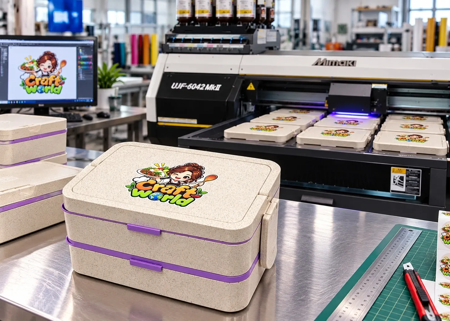 กล่องข้าวสองชั้นสีครีมขอบม่วงสกรีนโลโก้ Craft World บนโต๊ะหน้าเครื่องพิมพ์ UV Mimaki UJF-6042 MkII
