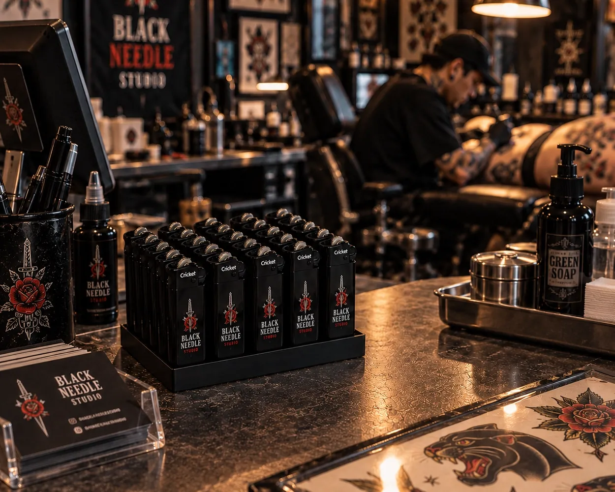 ไฟแช็คสีดำสกรีนโลโก้ Black Needle Studio สีแดงและขาว วางบนเคาน์เตอร์ร้านสัก พร้อมอุปกรณ์และลาย Flash Tattoo