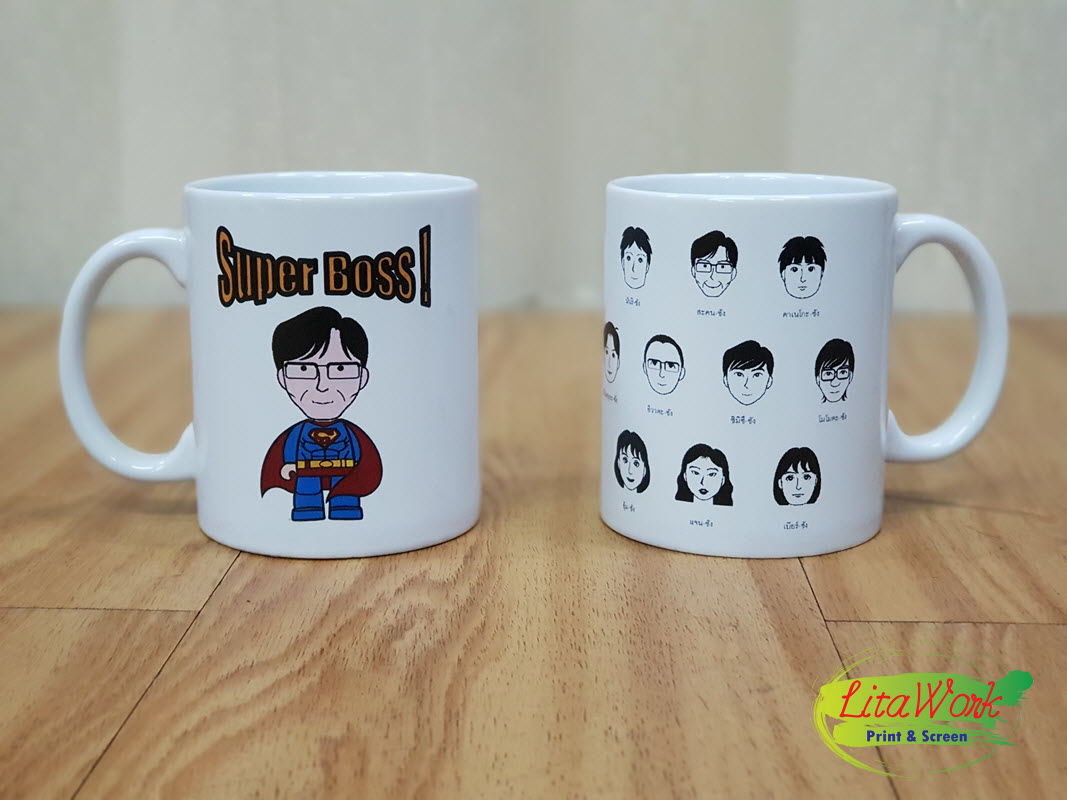 สกรีนแก้วมัคสีขาว SUPER BOSS
